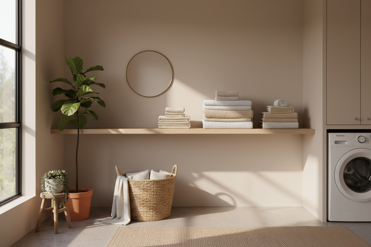 need several images of clean laundry and home laundry areas folded clothes, minimalistic, warm, etc.